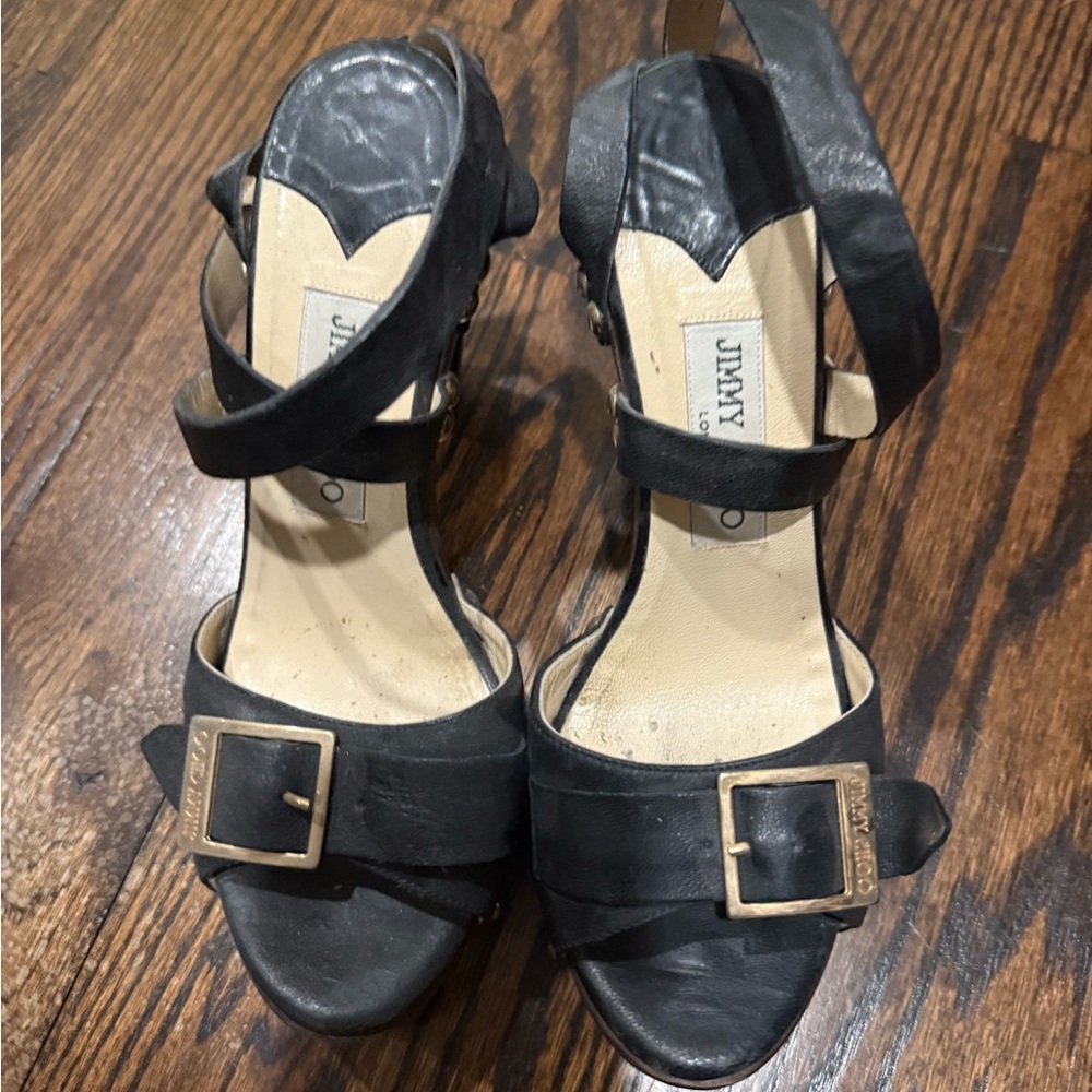 Jimmy Choo Black Strappy Heels with Gold Buckle and Brown Wooden Heel